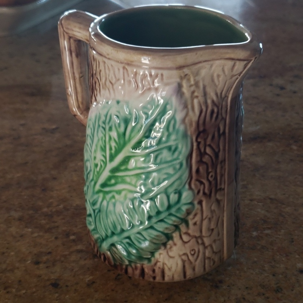 Antique Majoica Begonia Fern Leaf Rustic Tree Bark Planter Vase, Decor Pitcher - Picture 7 of 16